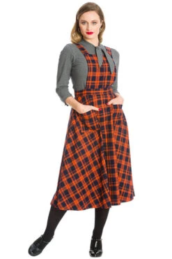 Banned Miss Spooky 50's Length Pinafore Dress In Orange And Black Tartan