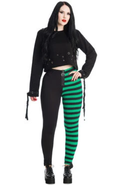 Banned Half Black Half Stripe Leggings In Black & Green