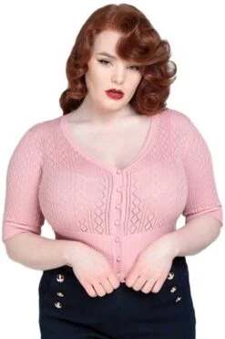 Collectif Linda Cardigan In Pink Classic Retro Pointelle Knit
