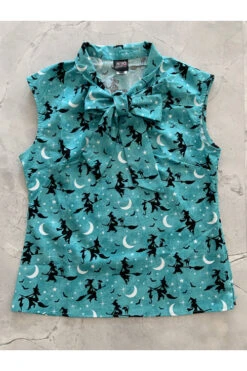 Retrolicious Bow Top In Witchy Teal Halloween Print