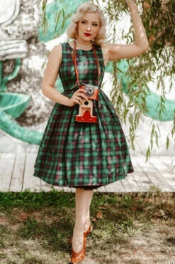 Dolly & Dotty Annie Swing Dress In Green Tartan Christmas