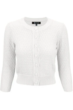 MAK Sweaters Chunky Vintage Knit Cardigan With 3/4 Sleeves In White