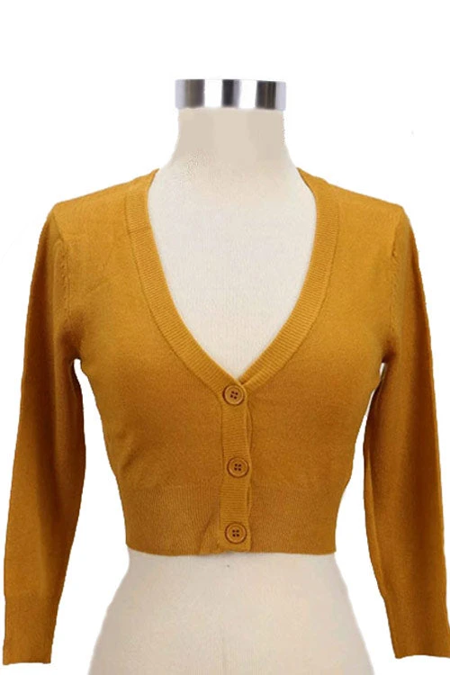 MAK Sweaters Cropped Cardigan With 3/4 Sleeves In Bronze (Mustard) - Image 6