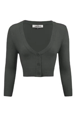 MAK Sweaters Cropped Cardigan With 3/4 Sleeves In Charcoal