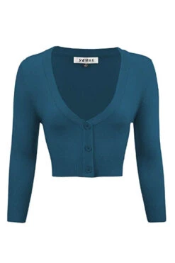 MAK Sweaters Cropped Cardigan With 3/4 Sleeves In Teal Blue