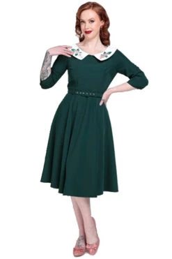 Collectif Elle Swing Dress In Emerald Christmas Embroidered Collar