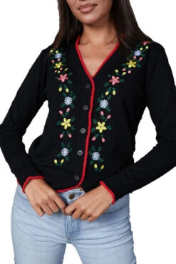 Timeless London Floral Embroidered Cardigan In Black With Red Trim