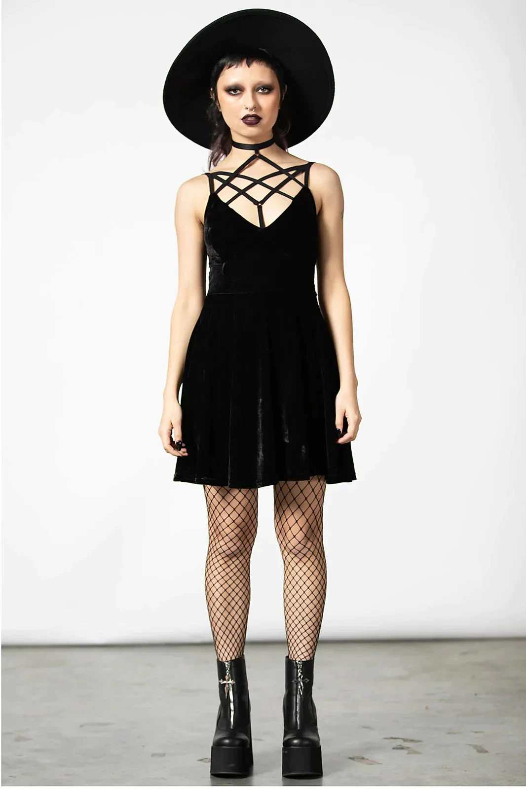 Killstar Magica Dress In Black Velvet With Harness Detailing - Image 2