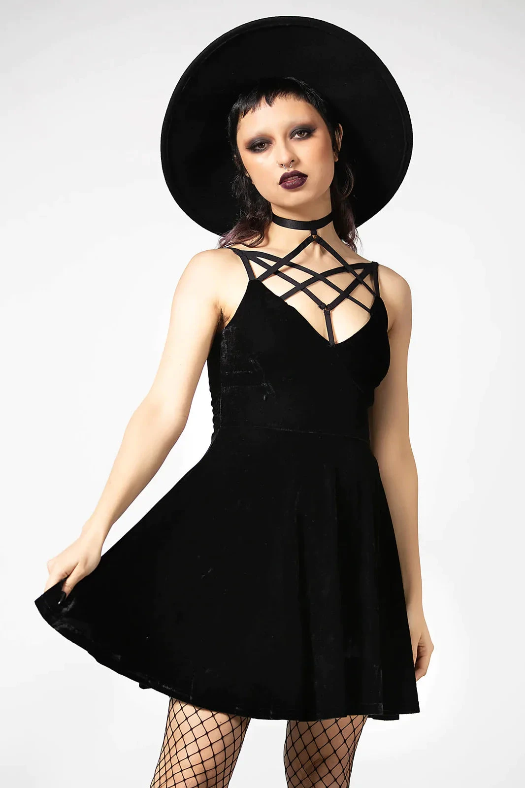 Killstar Magica Dress In Black Velvet With Harness Detailing - Image 4