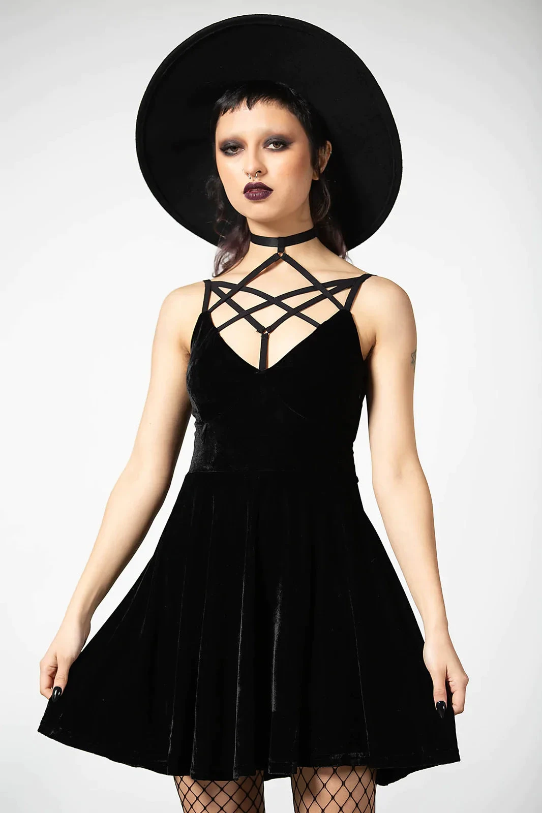 Killstar Magica Dress In Black Velvet With Harness Detailing - Image 7