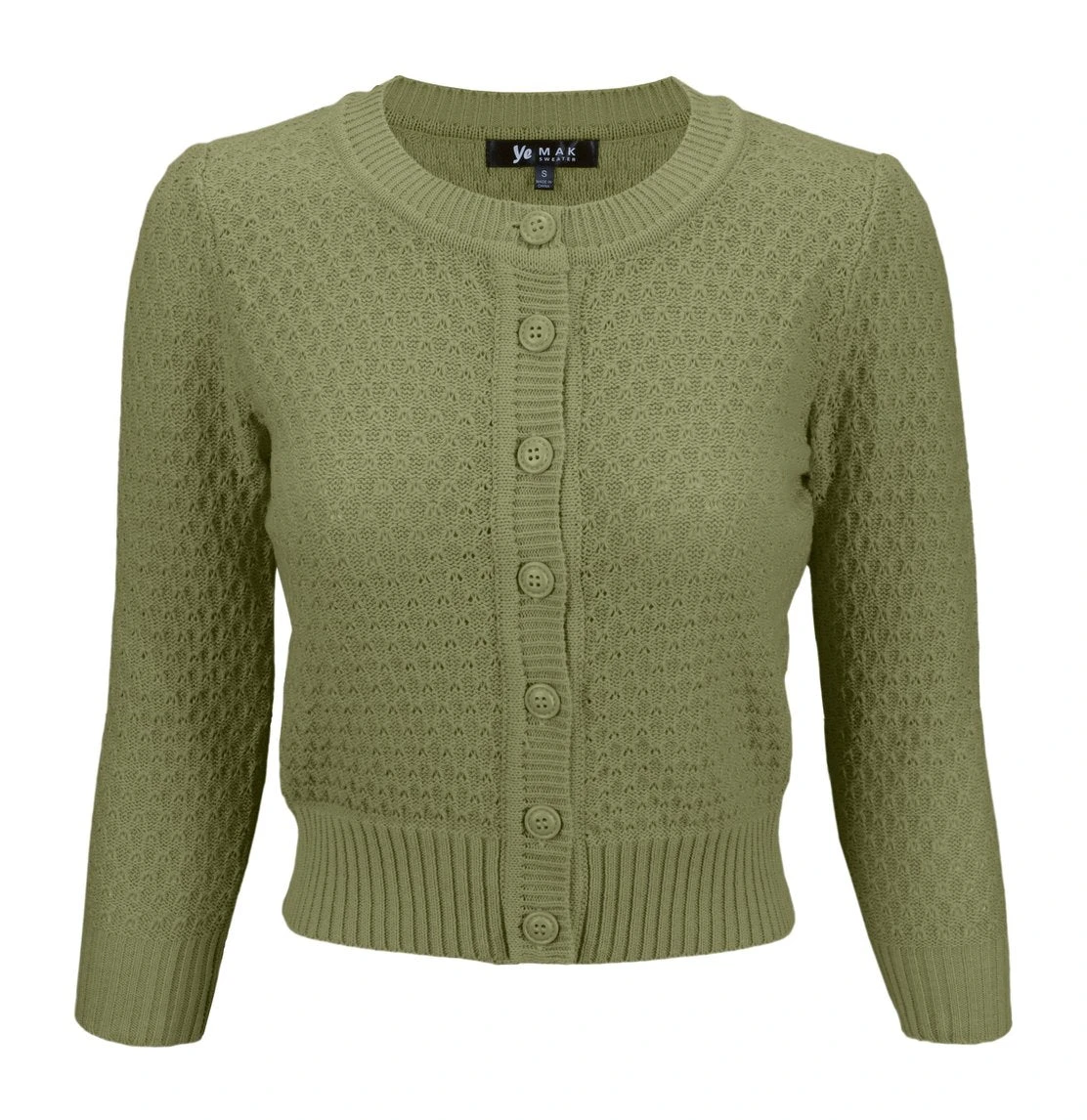 MAK Sweaters Chunky Vintage Knit Cardigan With 3/4 Sleeves In Olive - Image 2