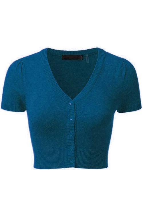 MAK Sweaters Cropped Cardigan With Short Sleeves In Teal Blue - Image 3