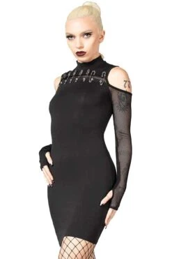 Killstar Zazzel Long Sleeve Dress With Safety Pins And Mesh Bodycon