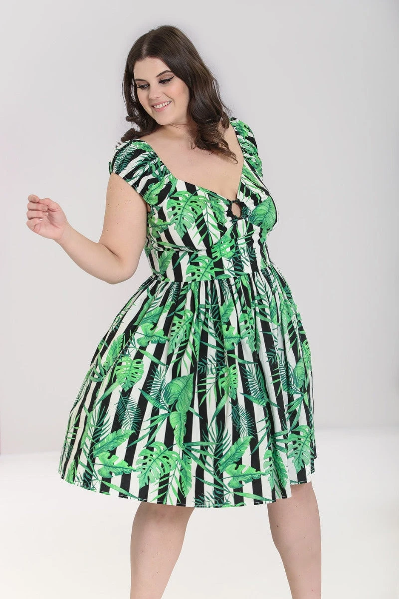 Hell Bunny Solana Mid Dress Striped And Tropical Leaves - Image 2