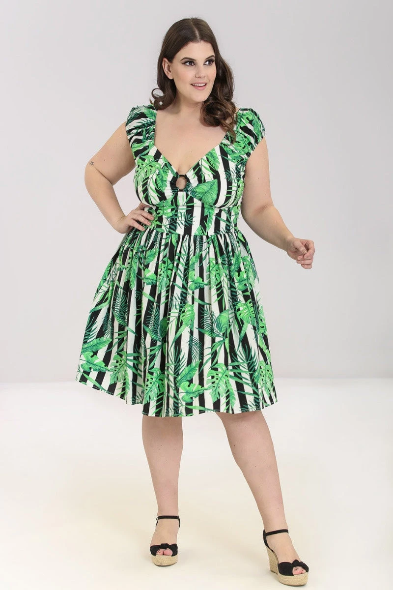 Hell Bunny Solana Mid Dress Striped And Tropical Leaves - Image 3