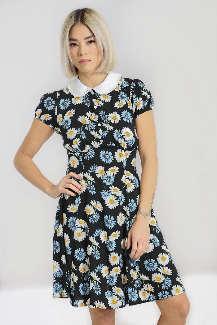 Hell Bunny Daisy Mini Dress Floral Black With Detailed Collar - Image 2