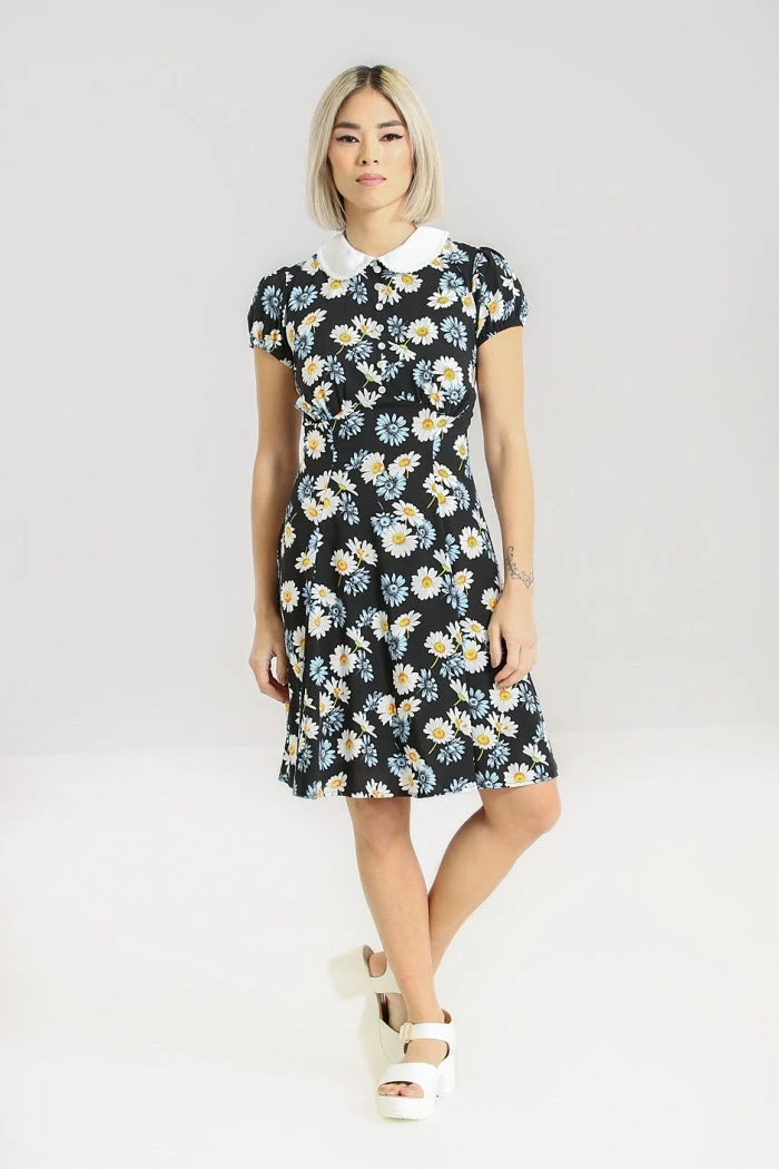 Hell Bunny Daisy Mini Dress Floral Black With Detailed Collar - Image 3