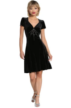 Hell Bunny Morticia Mid Dress Black Velvet With Rhinestone Web Design