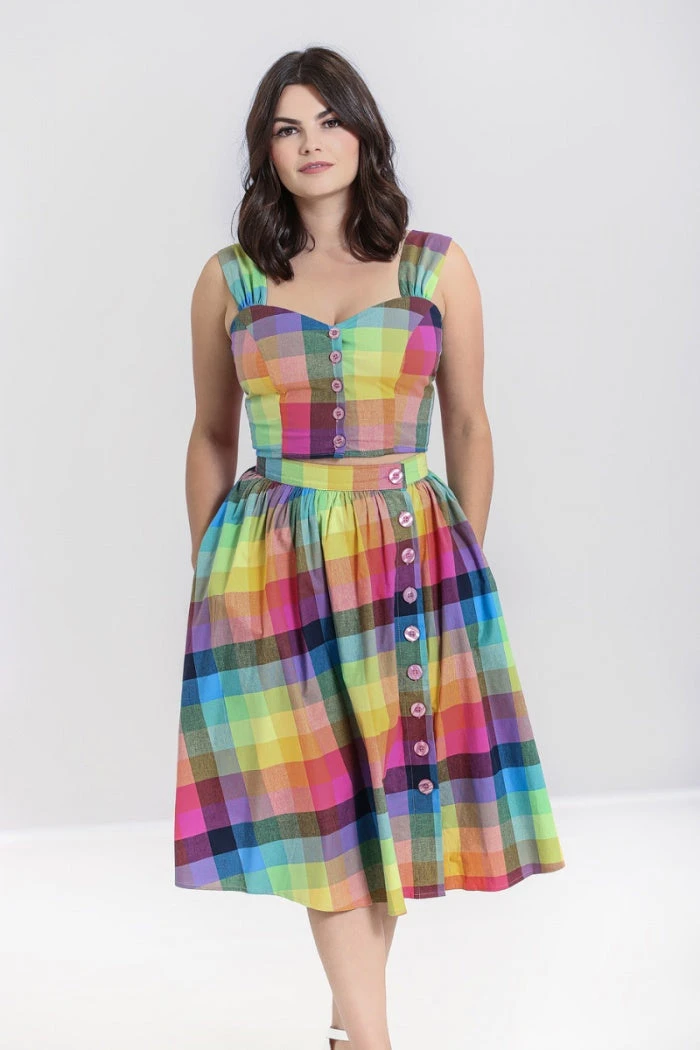 Hell Bunny Lucia 50's Skirt Rainbow Check Tartan - Image 2