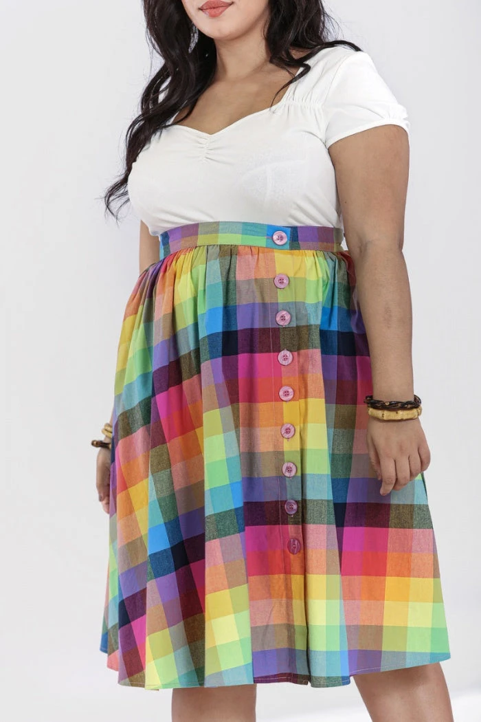 Hell Bunny Lucia 50's Skirt Rainbow Check Tartan - Image 6