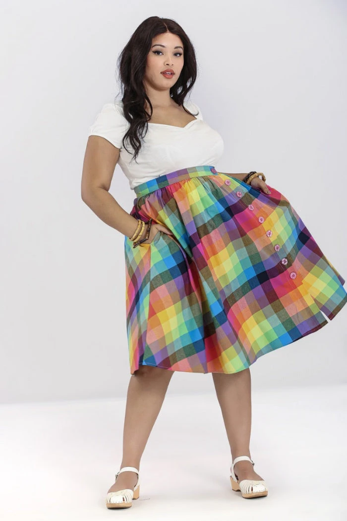 Hell Bunny Lucia 50's Skirt Rainbow Check Tartan - Image 8