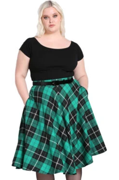 Hell Bunny Beryl Skirt Black And Green Tartan With A Belt