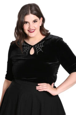Hell Bunny Morticia Top In Black Velvet With Rhinestones
