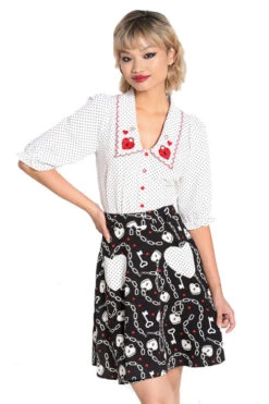 Hell Bunny Heart Lock Blouse White Polkadot With Statement Collar